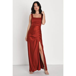 Lulus Red Carpet Romance Rust Orange Satin Square Neck Maxi Dress - Size XS